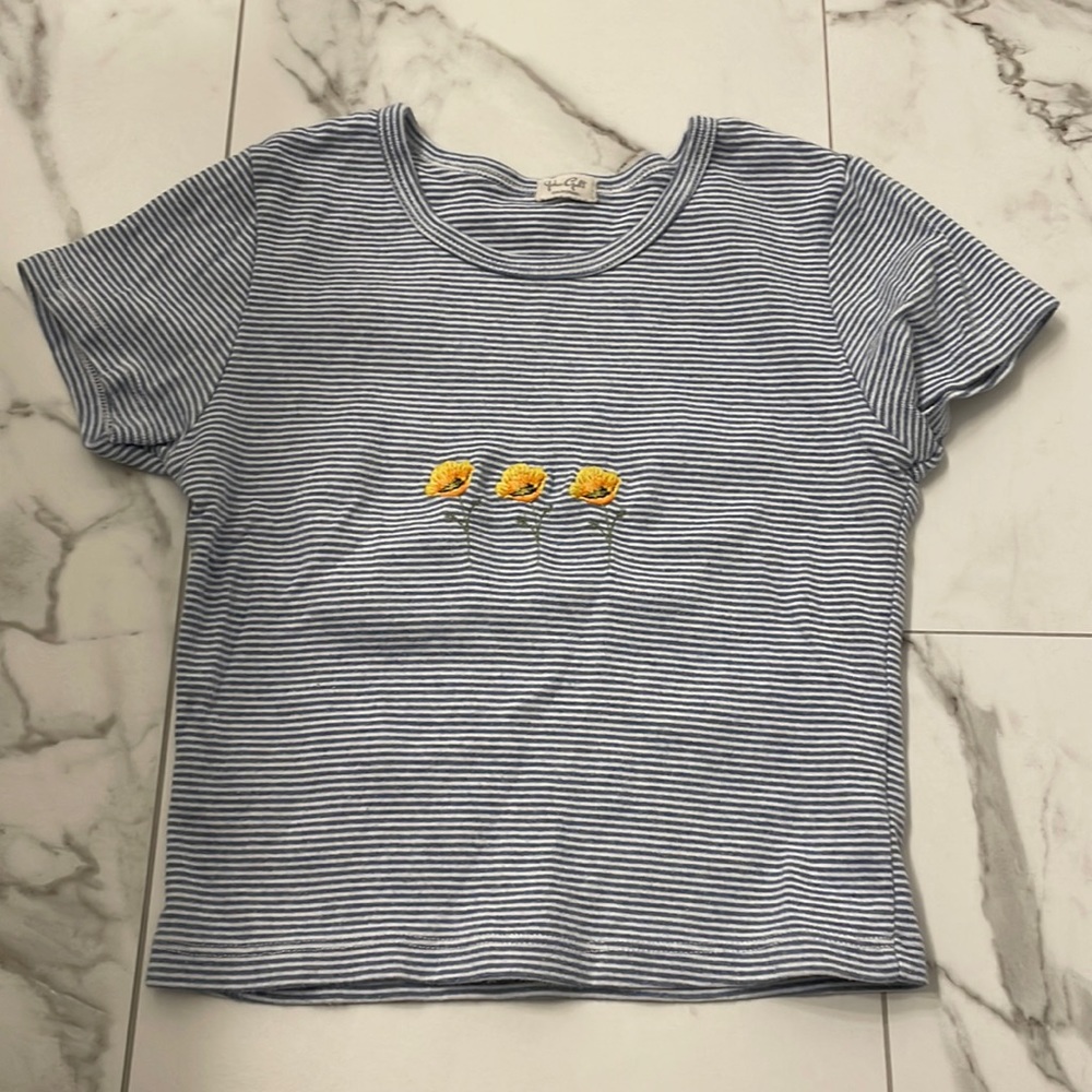 Brandy Melville blue stripped flower cropped baby tee